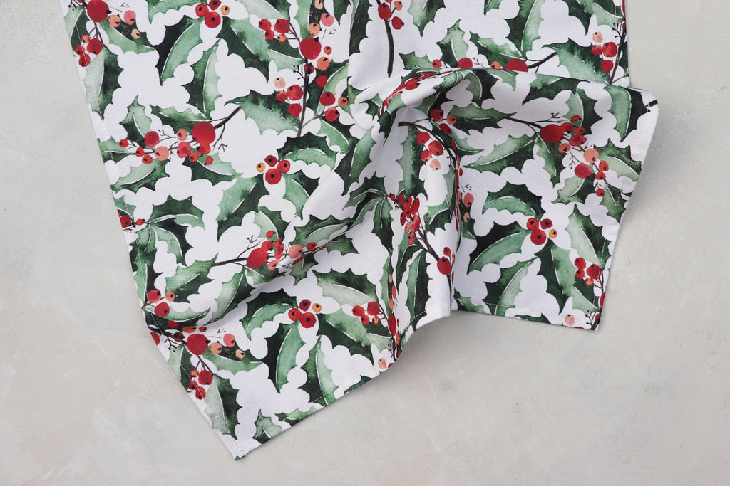 SET OF TWO GREEN HOLLY COTTON NAPKINS