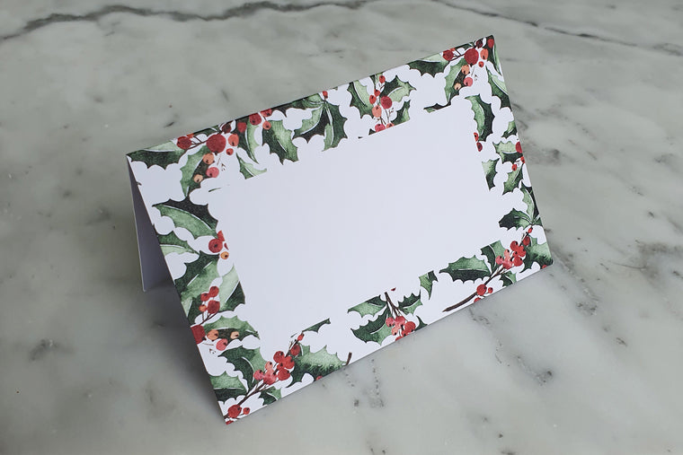 GREEN HOLLY NAME PLACE CARDS