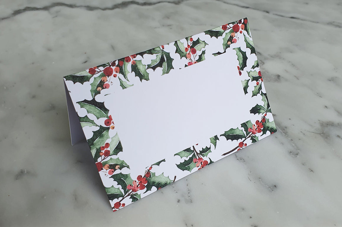 GREEN HOLLY NAME PLACE CARDS