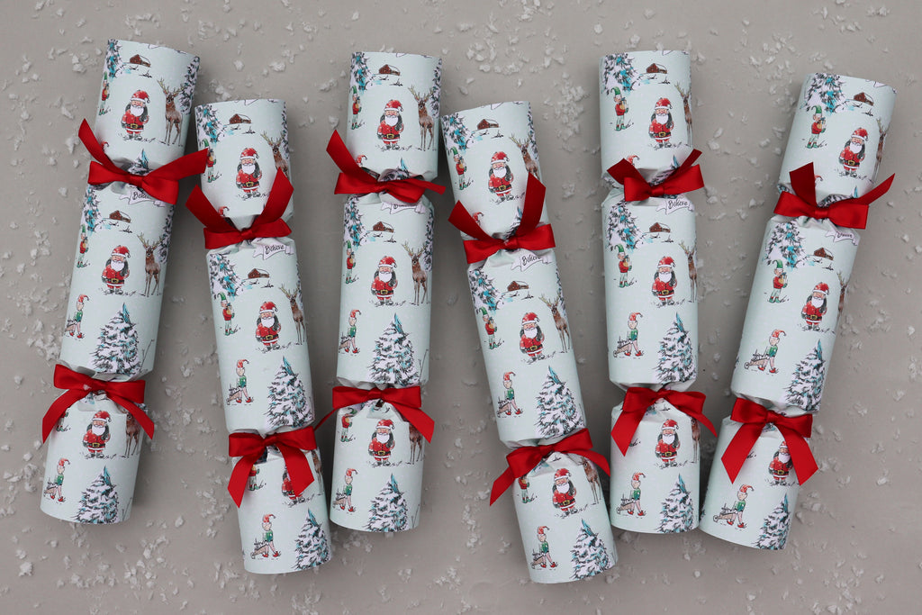 6 luxury Christmas crackers north pole scene magical red