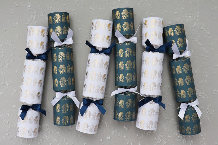 6 luxury Christmas crackers gingerbread house village navy gold