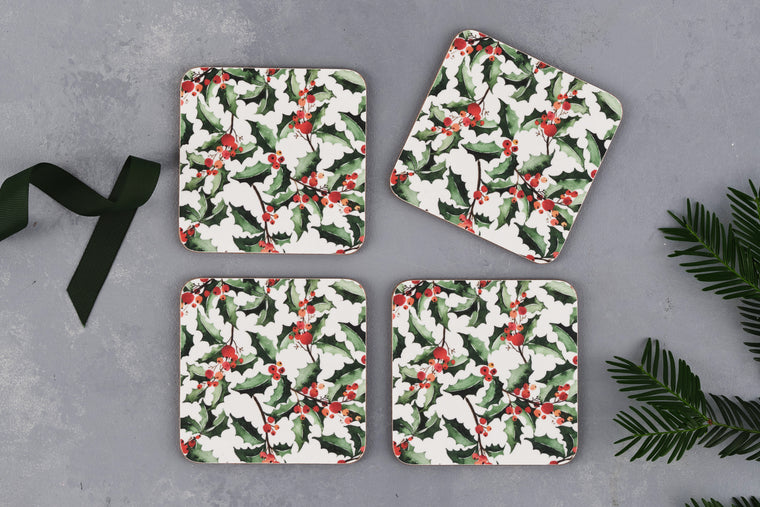 GREEN HOLLY COASTER SET OF FOUR