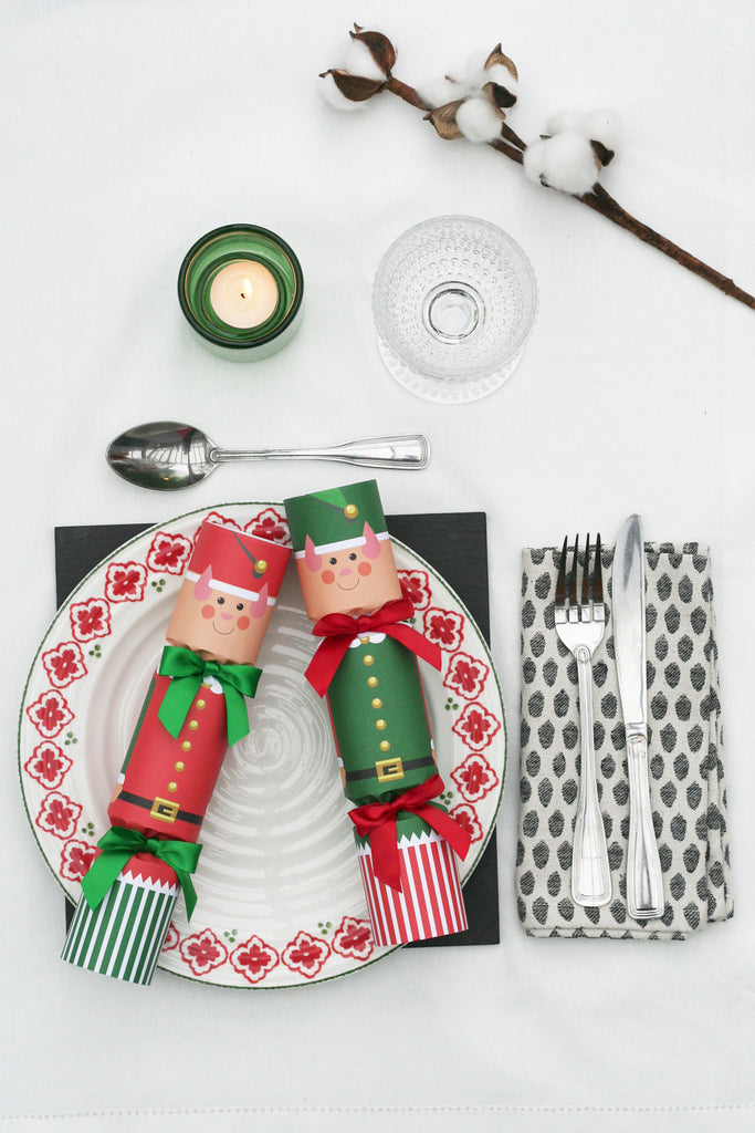 Kids Christmas crackers - elves design | Nancy & Betty Studio luxury handmade British high end cute green red 